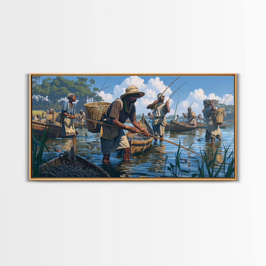 Traditional African Fishermen In River Boats Canvas Print, African Culture Art, Fishing Village, Safari Decor, Living Room Decor