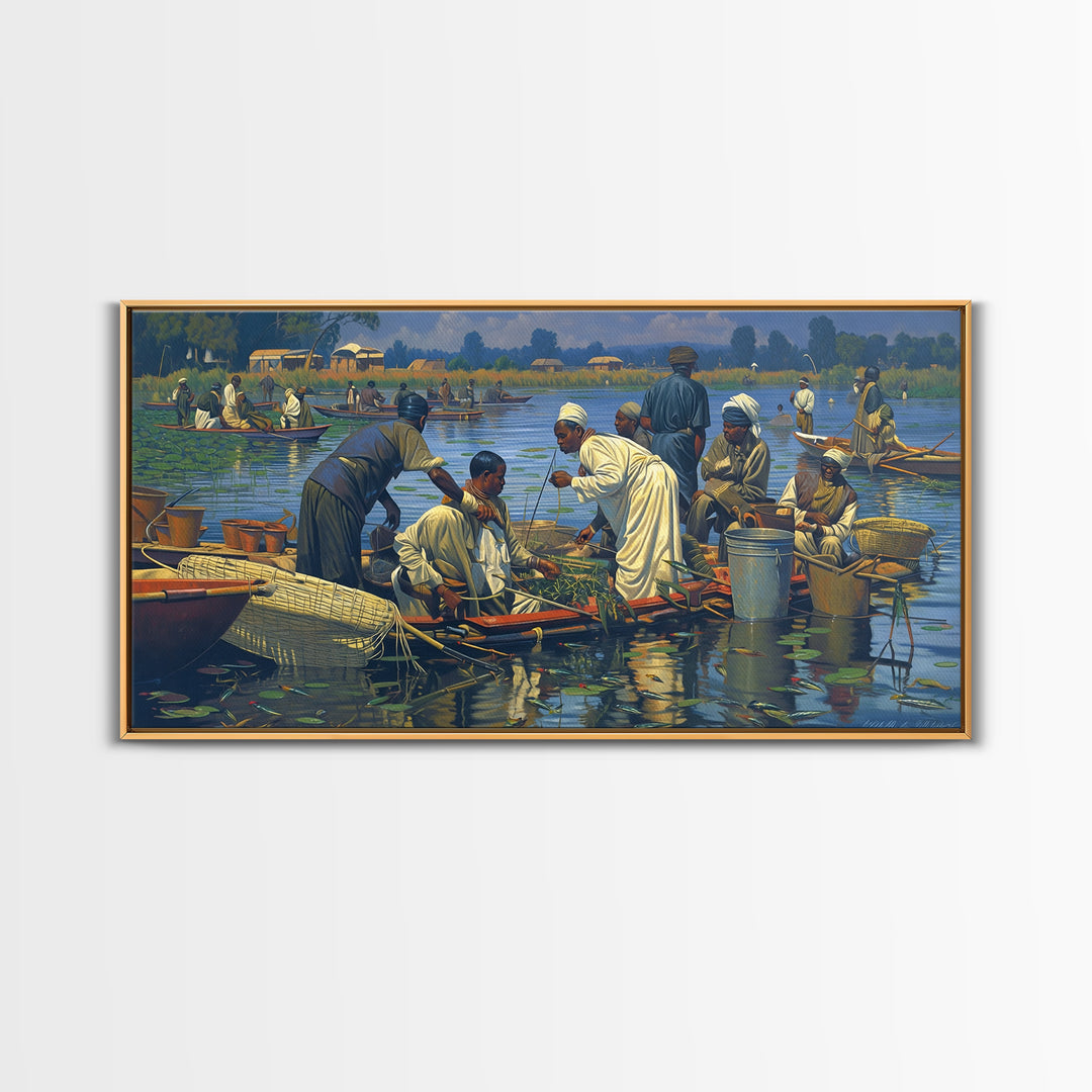 African Floating Market Fishermen On Lake Canvas Print, Traditional African Painting, Cultural Wall Decor, Village Home Decor