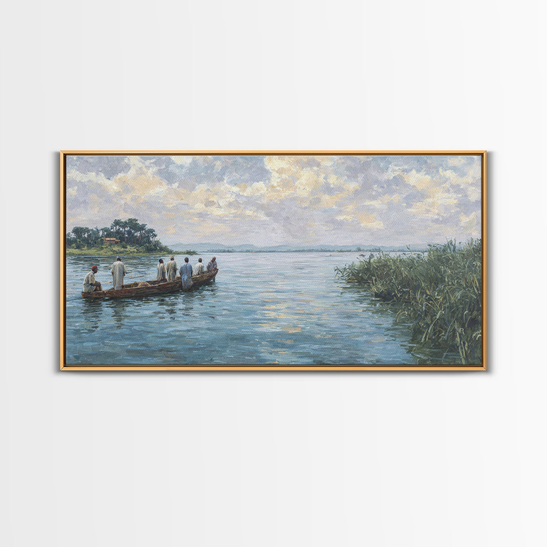 Serene African River Canoe Landscape Framed Canvas Print, Impressionist Nature Scene Art, Blue Wall Decor, Living Room Gift