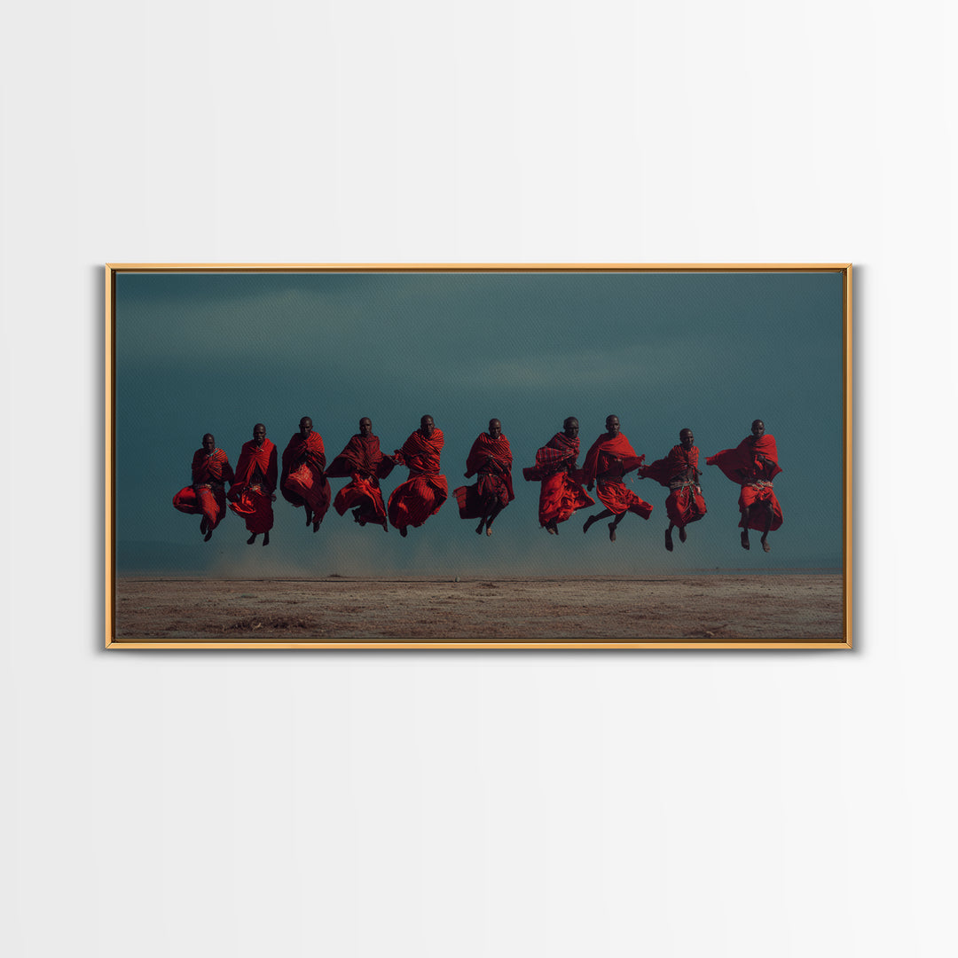 Leaping Maasai Warriors Under Storm Sky Canvas Print, African Warrior Art, Tribal Wall Decor, Red Safari Statement Piece