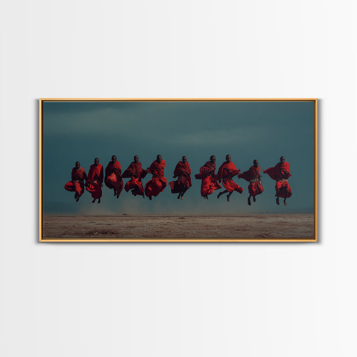 Leaping Maasai Warriors Under Storm Sky Canvas Print, African Warrior Art, Tribal Wall Decor, Red Safari Statement Piece