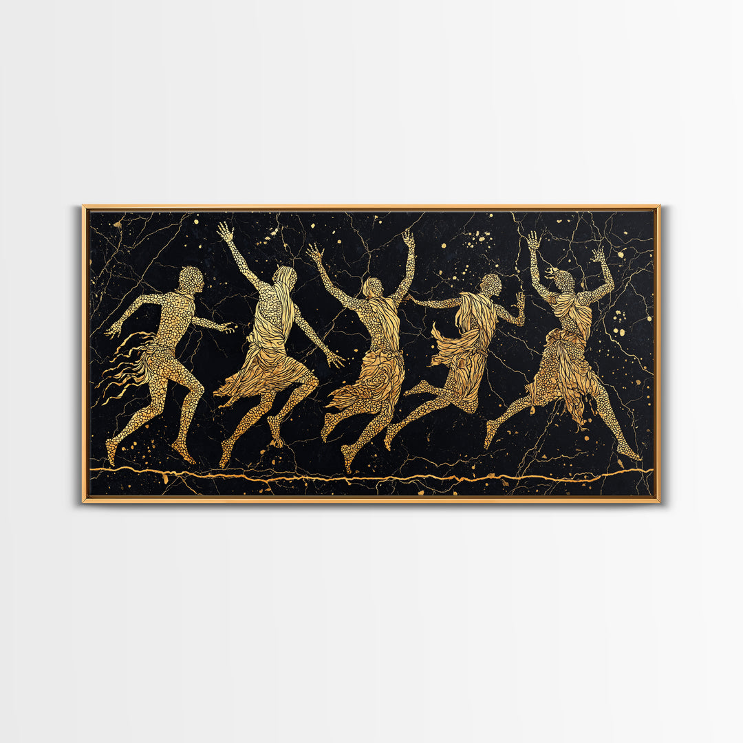 Gold Tribal Dancers On Black Framed Canvas Print, African Tribal Art, Black And Gold Art, Afrocentric Wall Art Decor Gift