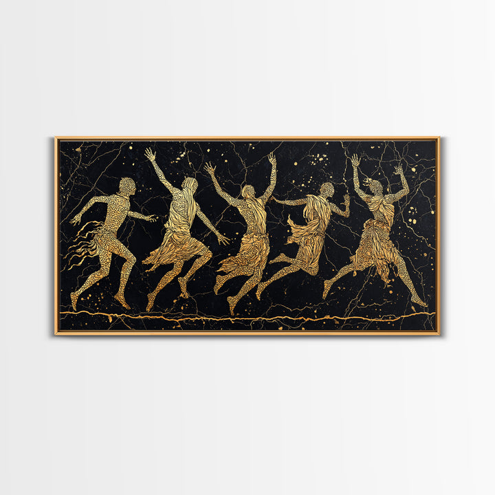 Gold Tribal Dancers On Black Framed Canvas Print, African Tribal Art, Black And Gold Art, Afrocentric Wall Art Decor Gift