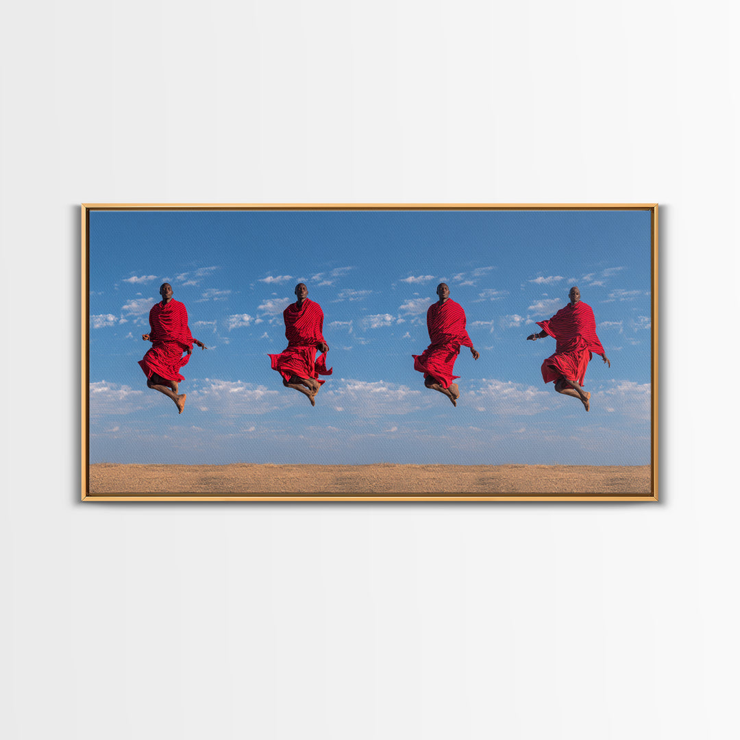 Red Maasai Warriors Jumping Canvas Print, African Safari Art, African Warrior Art, Kenya Print, Statement Wall Decor Gift