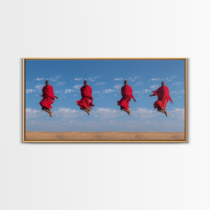 Red Maasai Warriors Jumping Canvas Print, African Safari Art, African Warrior Art, Kenya Print, Statement Wall Decor Gift