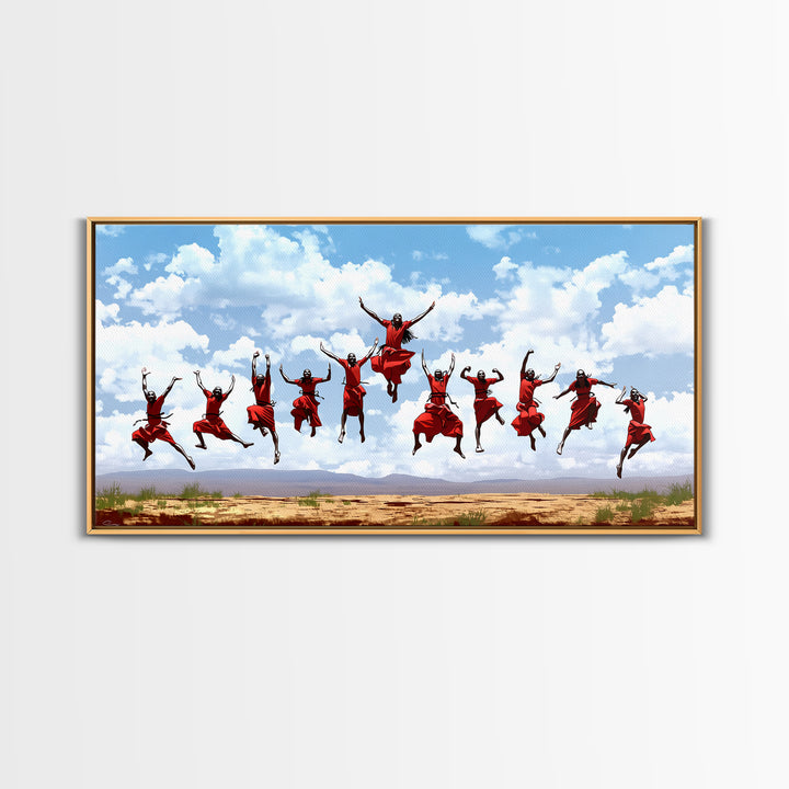 Joyful Red Dancers Under Clouds Canvas Print, African Celebration, African Women Art, Safari Decor, Colorful Wall Art Gift