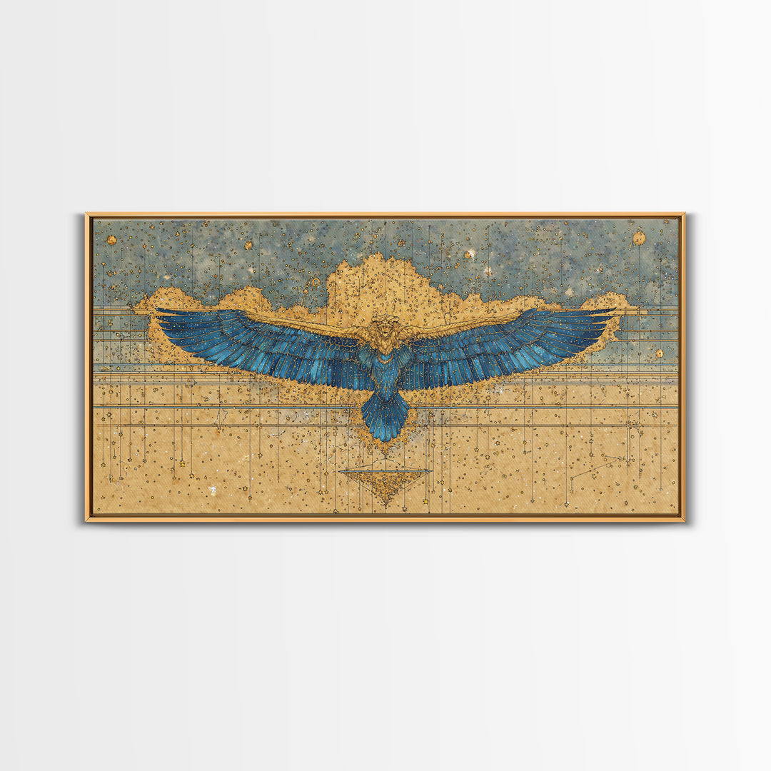 Blue Gold Winged Scarab Wall Art, African Egyptian Art, Ancient African Art, Spiritual Wall Decor, Luxury Canvas Print Gift