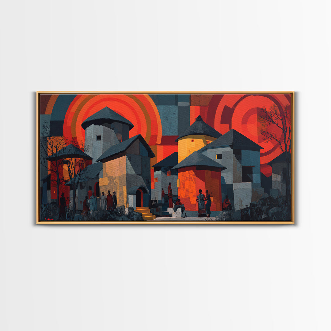 Red Sunset African Village Houses Wall Art, Modern African Art, Cultural Home Decor, Bold Geometric Canvas Print Gift For Him