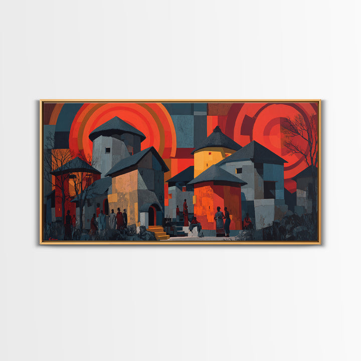 Red Sunset African Village Houses Wall Art, Modern African Art, Cultural Home Decor, Bold Geometric Canvas Print Gift For Him