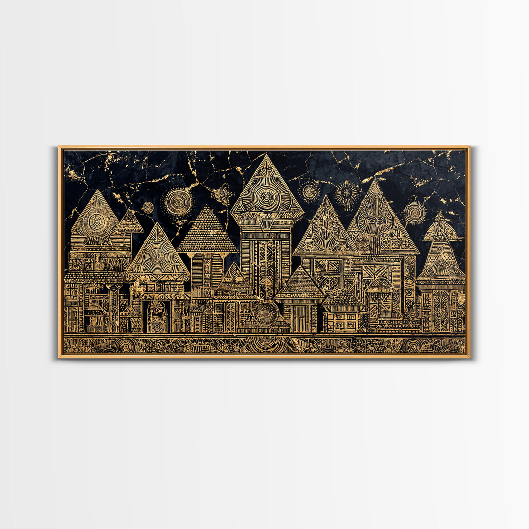 Gold Tribal Village Houses On Black Wall Art, African Tribal Art, Ancient African Art Print, Luxury Cultural Home Decor Gift
