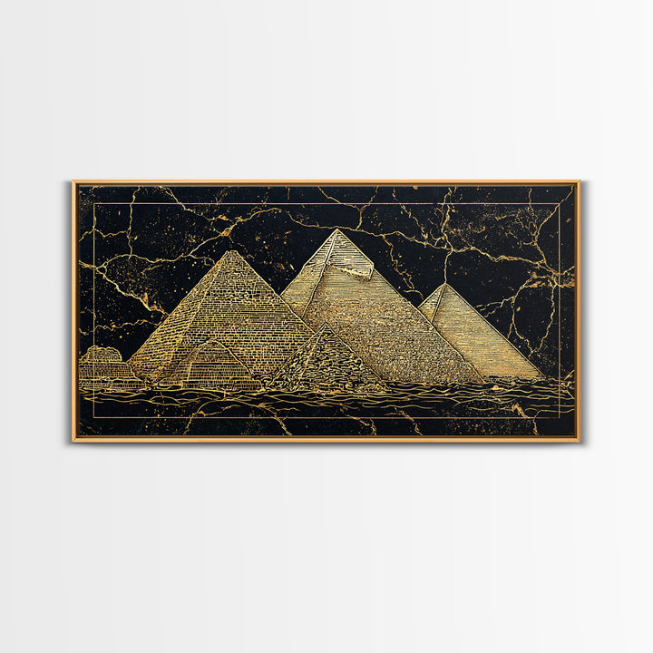 Golden Line Egyptian Pyramids Wall Art, Black Gold Canvas Print, Ancient African Artwork, Luxury Cultural Home Decor Gift