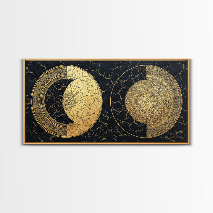 Gold Celestial Moon Phases On Cracked Black Wall Art, Abstract Art, Spiritual Wall Art, Modern Canvas Art, Home Decor Gift