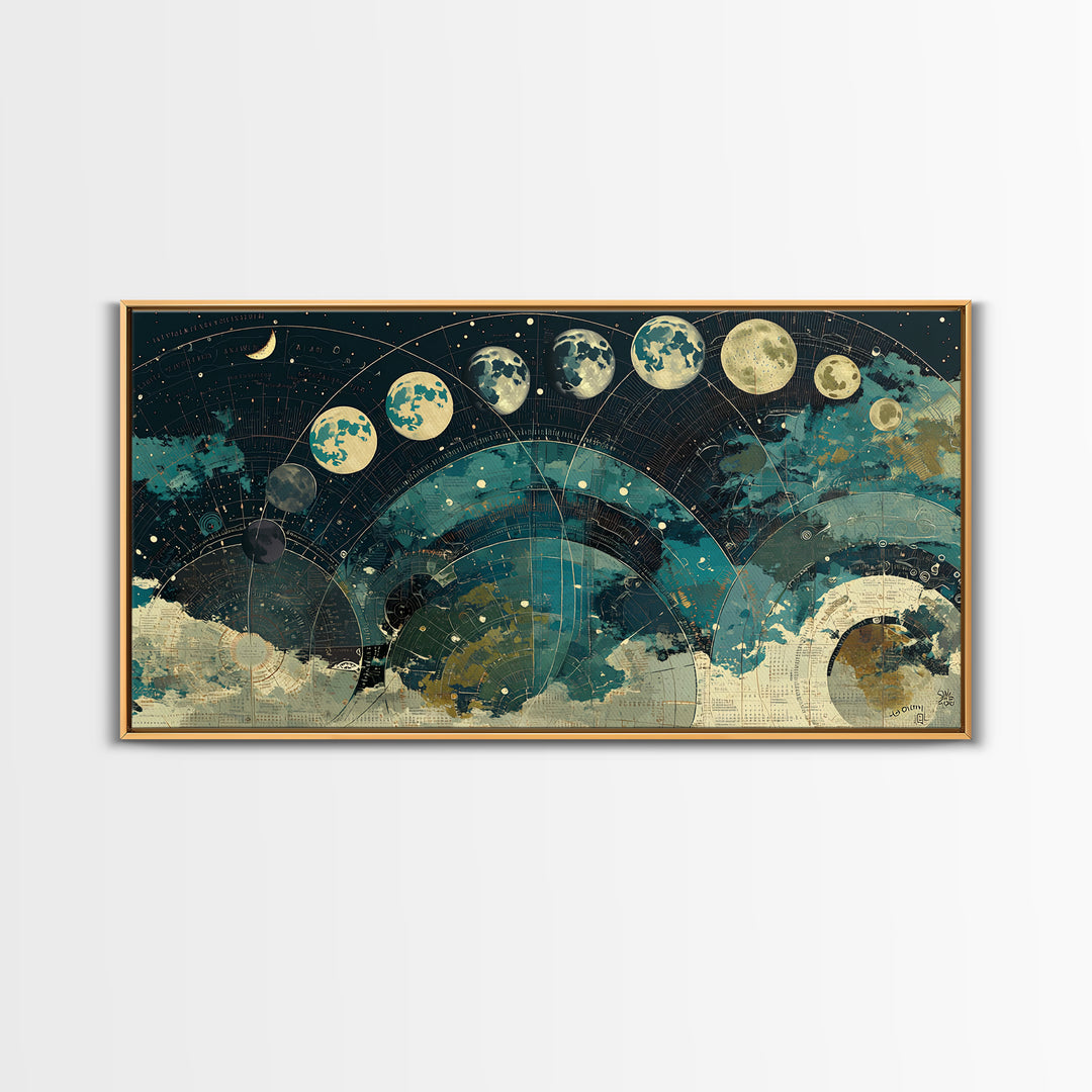 Teal Moon Phase Night Sky Celestial Wall Art, Spiritual Wall Art, Mystical Wall Art, Abstract Canvas Art, Bedroom Decor Gift