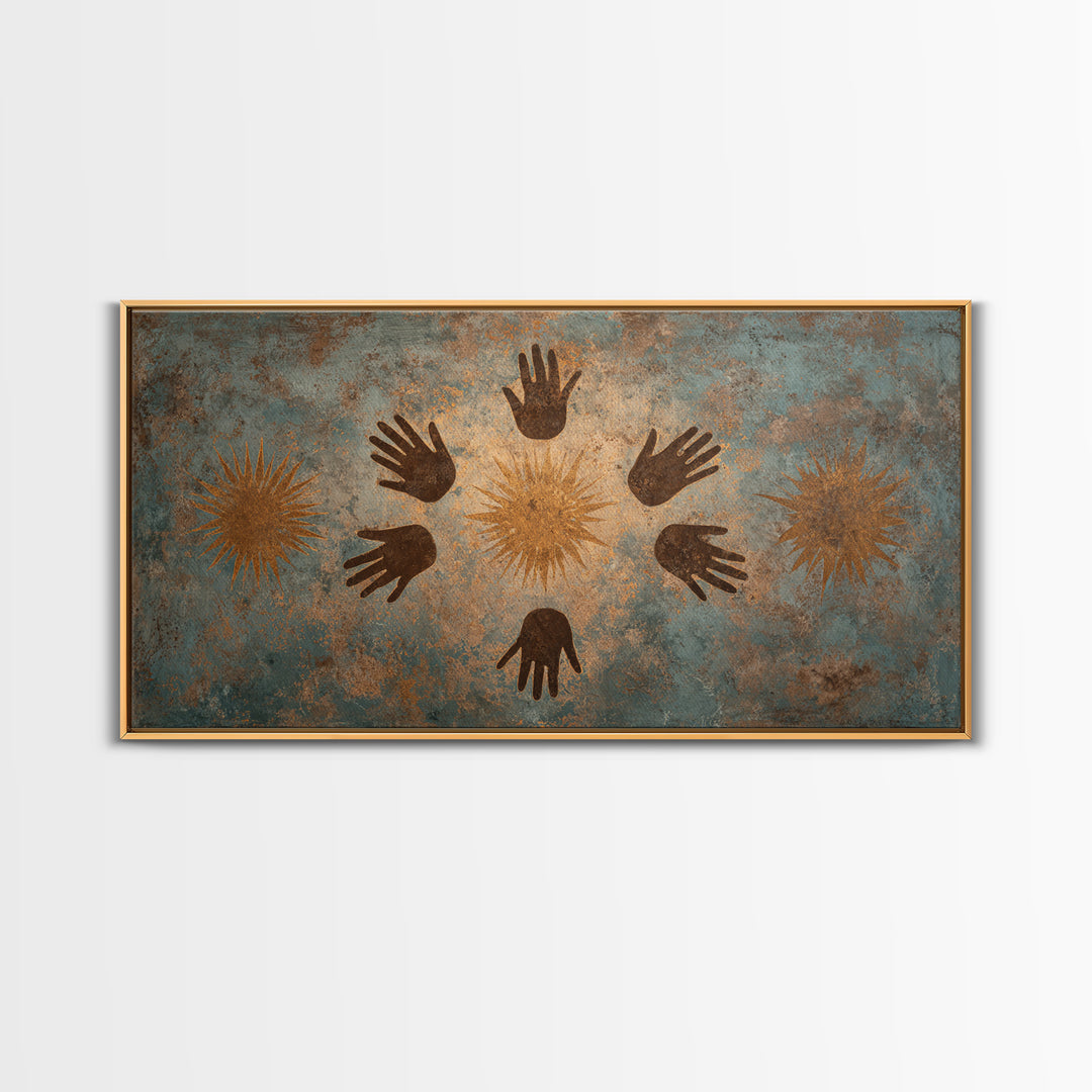 Ancient Handprint Symbols Wall Art, Tribal Abstract Painting, Earth Tone Spiritual Decor, Rustic Cultural Home Decor Gift