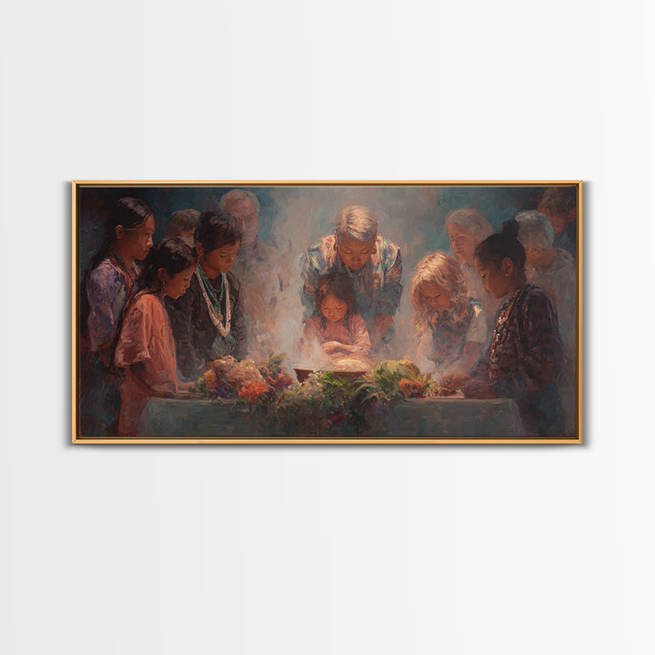 Children Around Harvest Table Canvas Print, Multicultural Family Prayer, Warm Kitchen Decor, Meaningful Housewarming Gift
