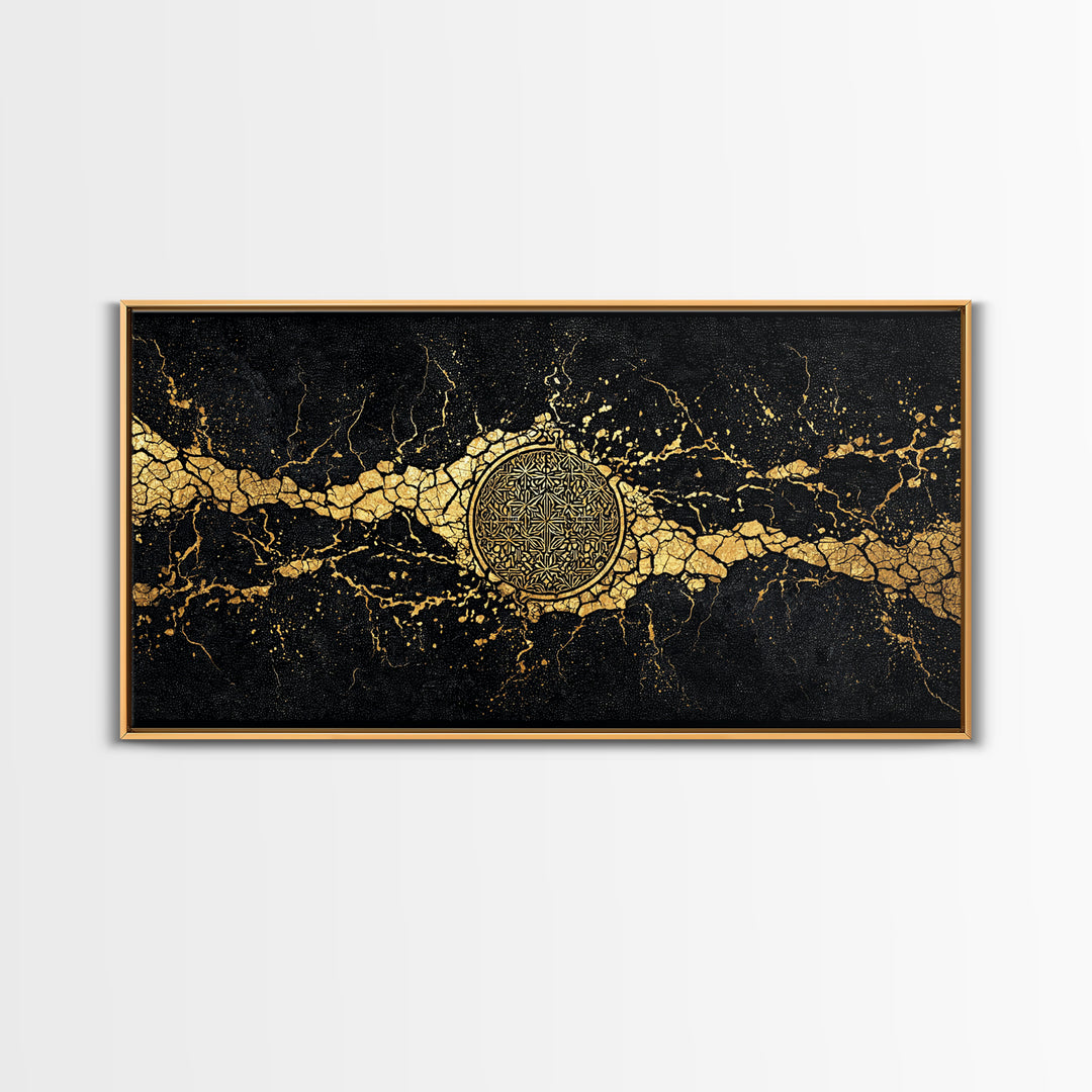 Black And Gold Medallion Canvas Print, Luxury Abstract Wall Decor, Cracked Marble Texture, Elegant Statement Home Decor Gift