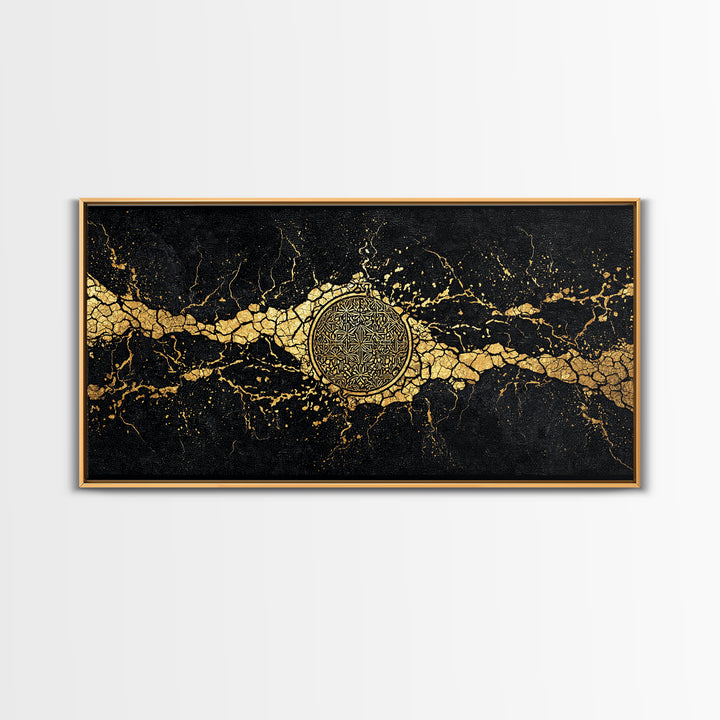 Black And Gold Medallion Canvas Print, Luxury Abstract Wall Decor, Cracked Marble Texture, Elegant Statement Home Decor Gift