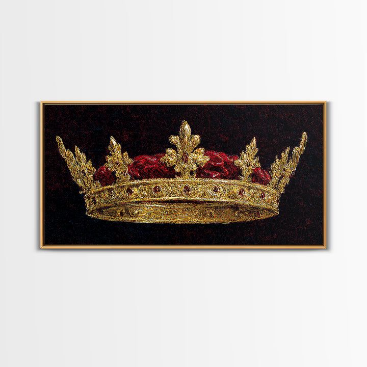 Golden Royal Crown Framed Canvas Print, Black And Gold Wall Decor, Regal Jewel Painting, Luxury Statement Home Decor Gift For Him