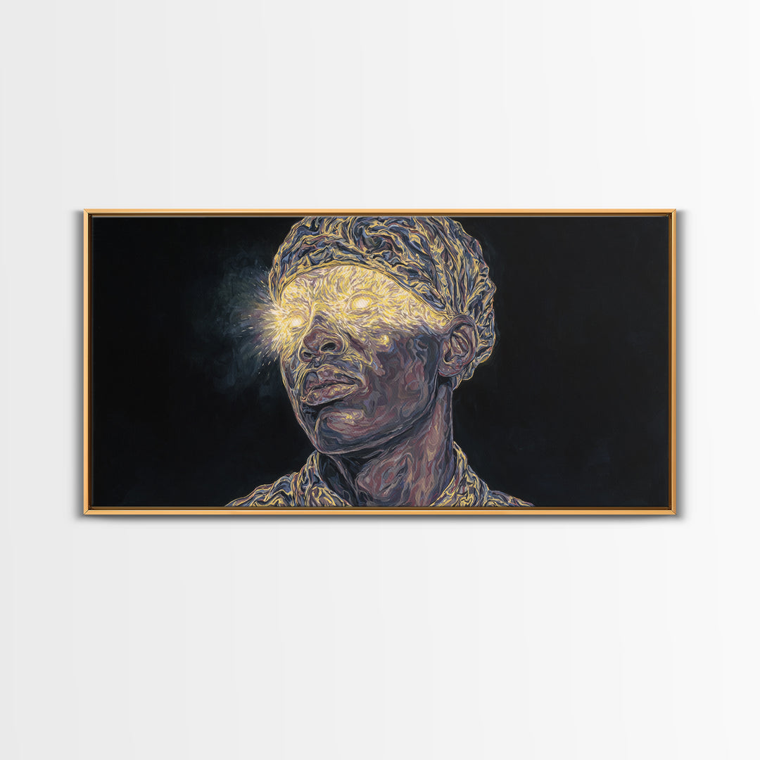 Glowing Eyed African Elder Portrait Framed Canvas Print, Visionary Black Art, Afrocentric Wall Art, Spiritual Home Decor