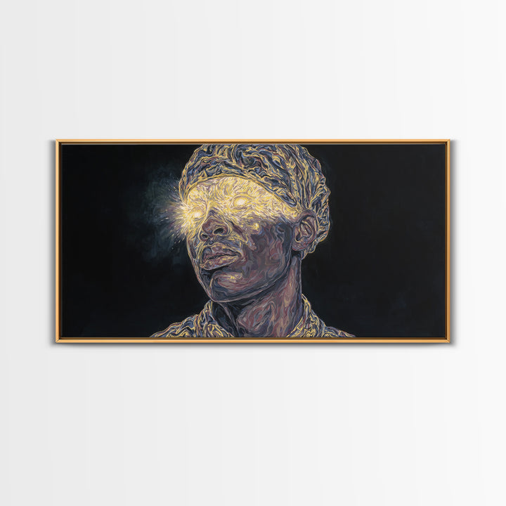 Glowing Eyed African Elder Portrait Framed Canvas Print, Visionary Black Art, Afrocentric Wall Art, Spiritual Home Decor