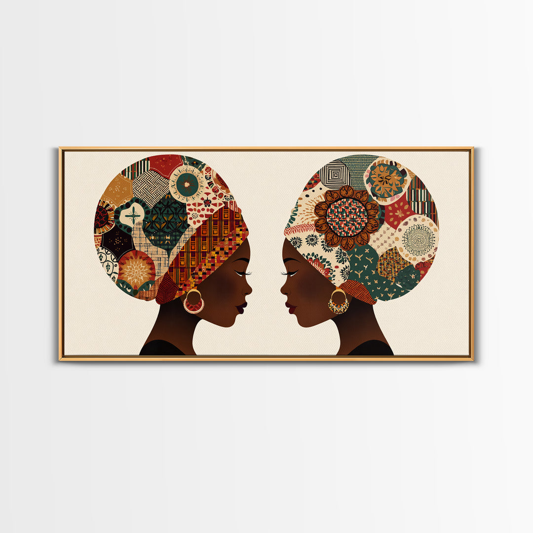 Twin African Women In Ankara Headwraps Canvas Print, Black Woman Wall Art, Afrocentric Decor, Elegant Cultural Home Decor