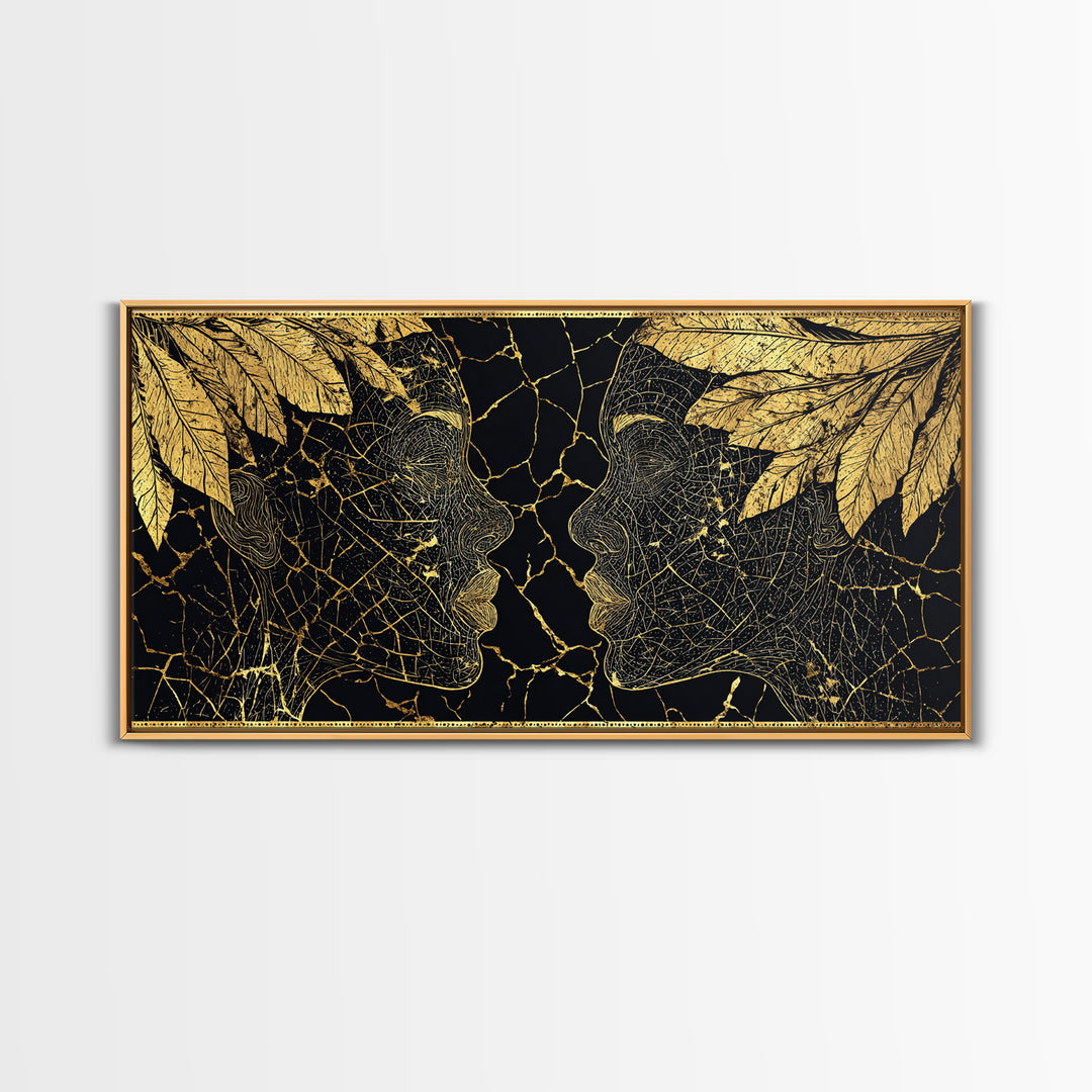 Gold Leaf African Profile Faces Wall Art, Black Gold Abstract Portrait, Afrocentric Canvas Print, Elegant Cultural Decor