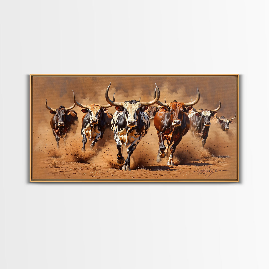 Charging Longhorn Cattle Canvas Print, African Safari Animal Art, Rustic Western Wall Art, Brown Dusty Ranch Home Decor Gift