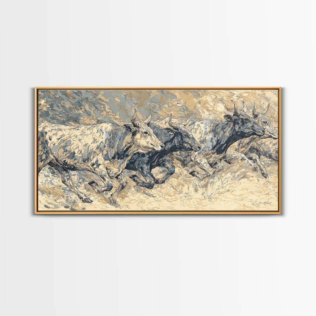 White Cattle Herd In Dusty Motion Framed Canvas Print, African Animal Art, Safari Wall Art, Beige Blue Rustic Home Decor