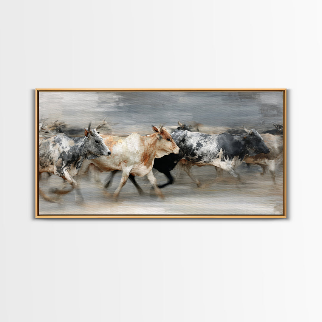 Blurred Running Cattle Herd Canvas Print, African Safari Wall Art, Modern Animal Painting, Neutral Rustic Living Room Decor