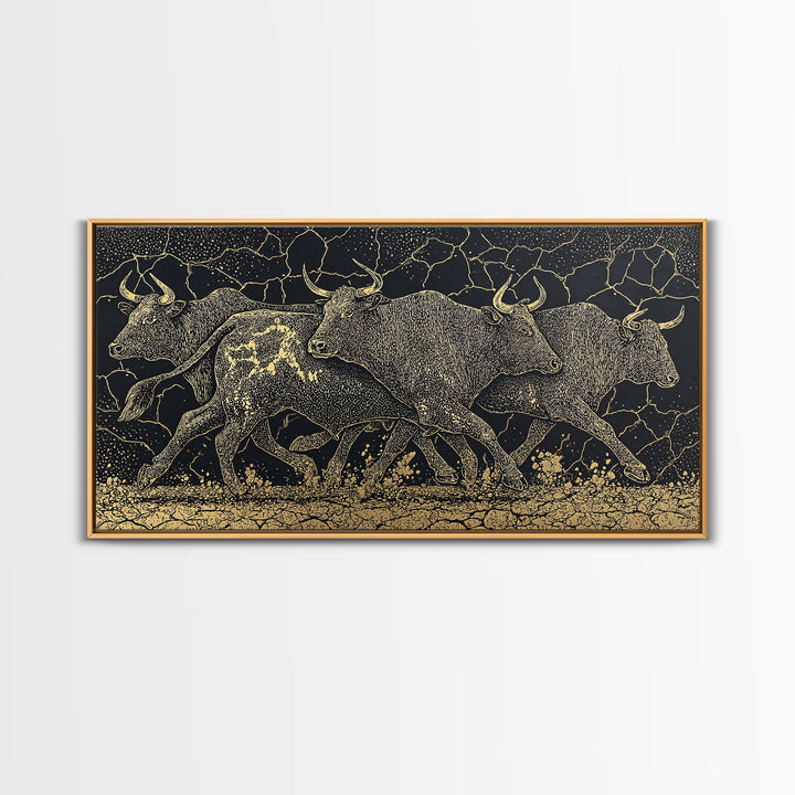 Black Gold Running Cattle Wall Art, African Animal Art, Tribal Crackle Canvas Print, Luxury Safari Decor, Statement Piece
