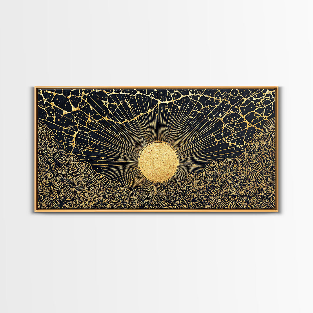Golden Sunburst Over Black Waves Wall Art, African Inspired Abstract, Black And Gold Decor, Luxury Canvas For Living Room