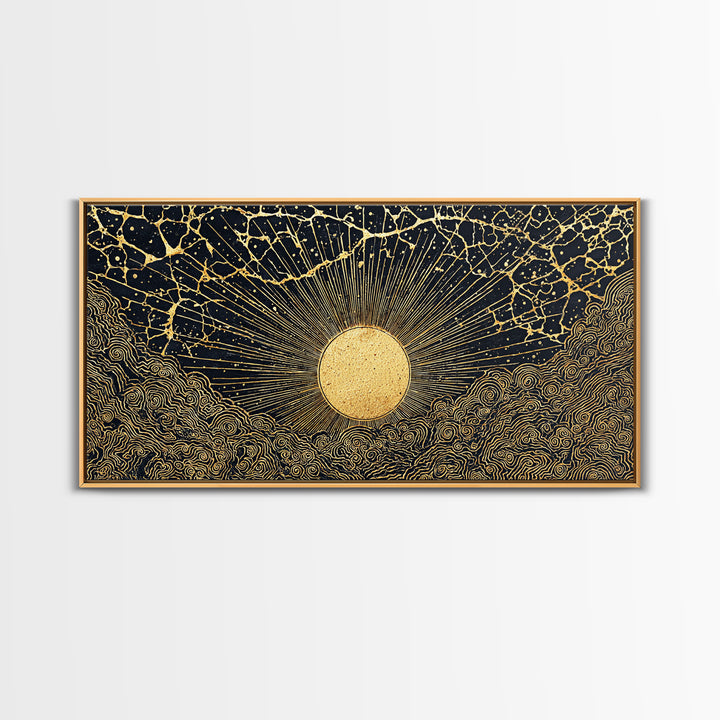 Golden Sunburst Over Black Waves Wall Art, African Inspired Abstract, Black And Gold Decor, Luxury Canvas For Living Room