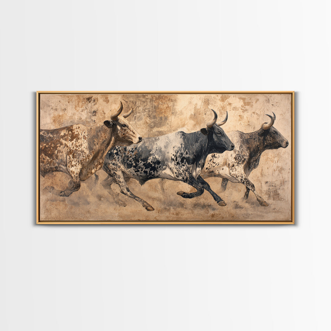 Running African Cattle Canvas Print, Rustic Safari Animal Painting, Earth Tone Wall Decor, Modern Farmhouse Home Decor, Housewarming Gift