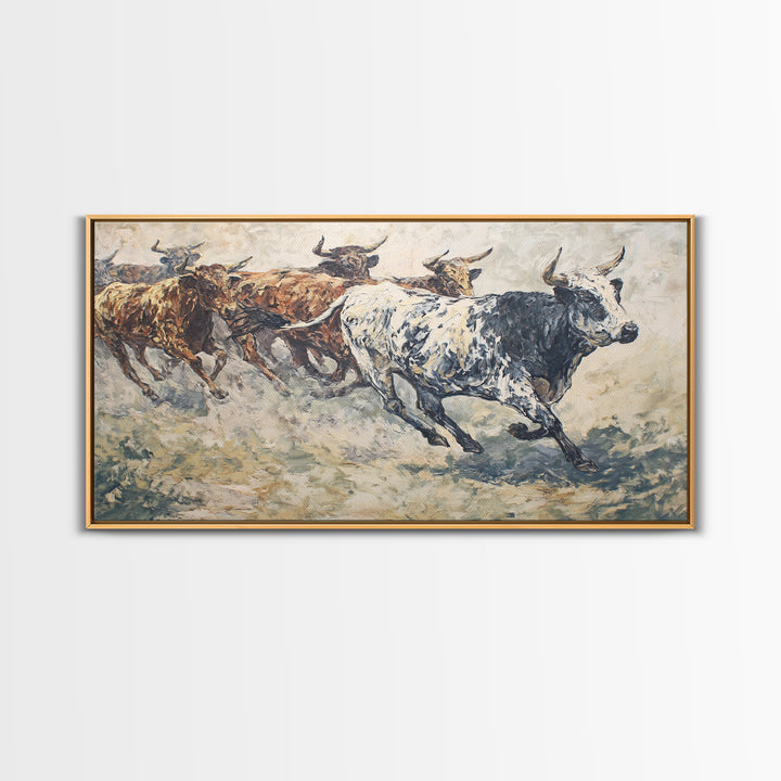 Textured Longhorn Cattle Framed Canvas Print, African Safari Wall Art, Rustic Animal Painting, Neutral Living Room Decor