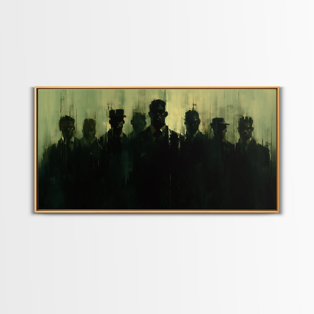 Green Shadow Men In Hats Canvas Print, Moody Black Wall Art, African American Portrait, Minimalist Office Decor Gift For Him
