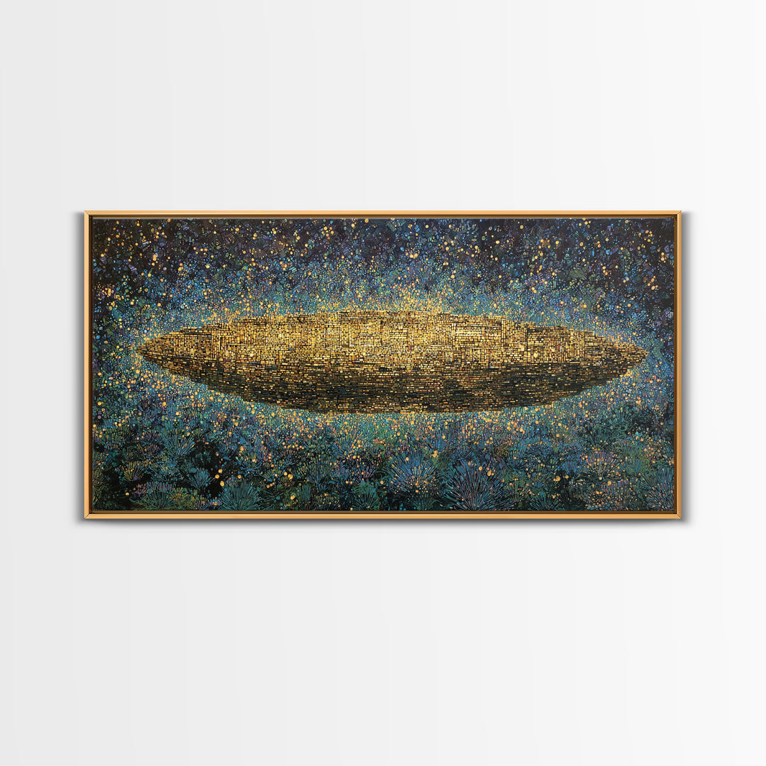 Glowing Golden Oval Over Blue Meadow Canvas Print, Abstract African Art, Textured Art Print, Luxury Canvas Art Decor Gift