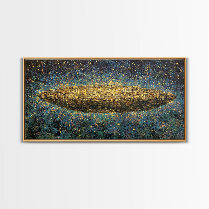 Glowing Golden Oval Over Blue Meadow Canvas Print, Abstract African Art, Textured Art Print, Luxury Canvas Art Decor Gift