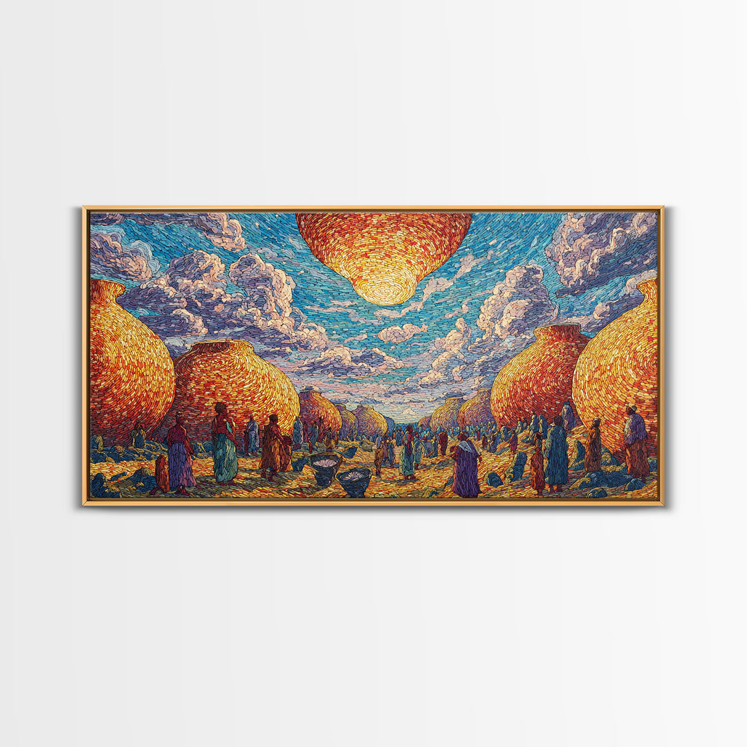 Golden Woven Village And Blue Sky Wall Art, African Landscape, Cultural Art Print, Boho African Home Decor Gift For Living Room