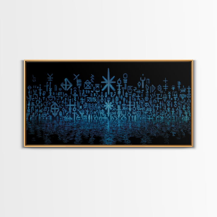 Blue Glowing Ancestral Symbols Over Water Canvas Print, African Abstract Art, Spiritual Wall Art, Mystical Wall Decor Gift