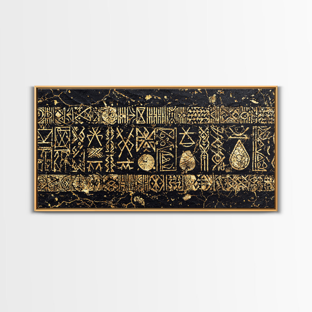 Ancient Gold Tribal Symbols On Black Stone Wall Art, African Tribal Art, Cultural Wall Decor, Textured Canvas Print Gift