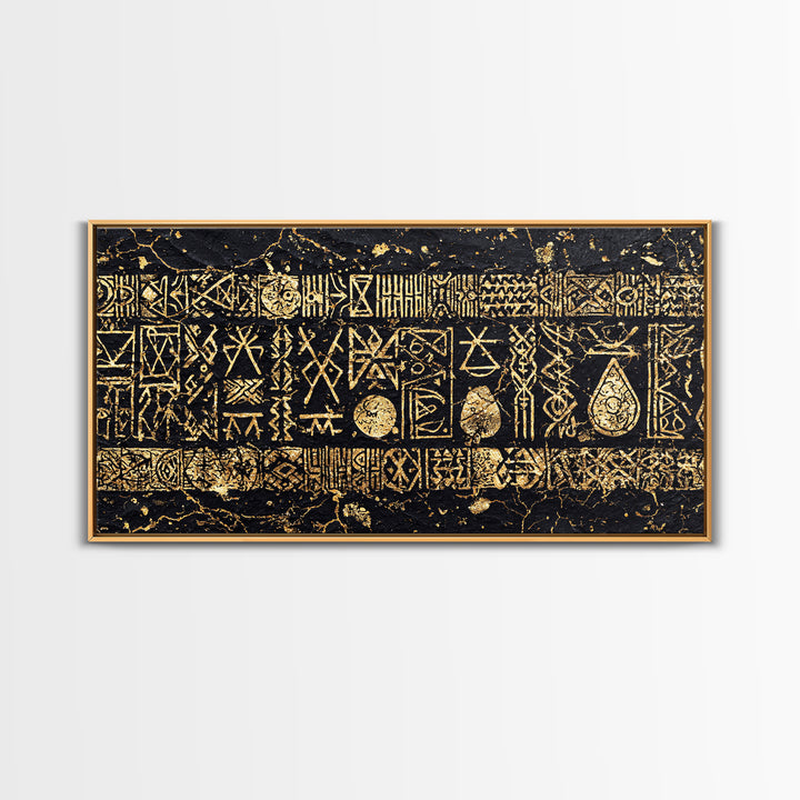 Ancient Gold Tribal Symbols On Black Stone Wall Art, African Tribal Art, Cultural Wall Decor, Textured Canvas Print Gift