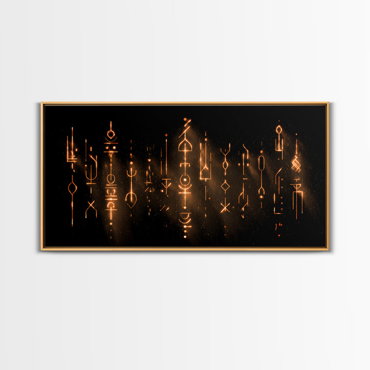 Glowing Ancestral Symbols Wall Art, African Inspired Abstract Canvas, Spiritual Black Gold Decor, Mystic Tribal Art Print
