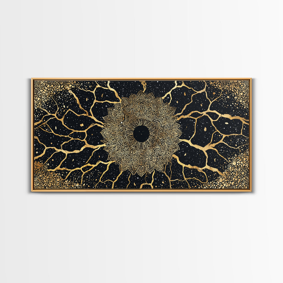 Golden Mandala Cosmos Wall Art, Black And Gold Abstract African Inspired Decor, Spiritual Geometric Canvas Print For Living Room