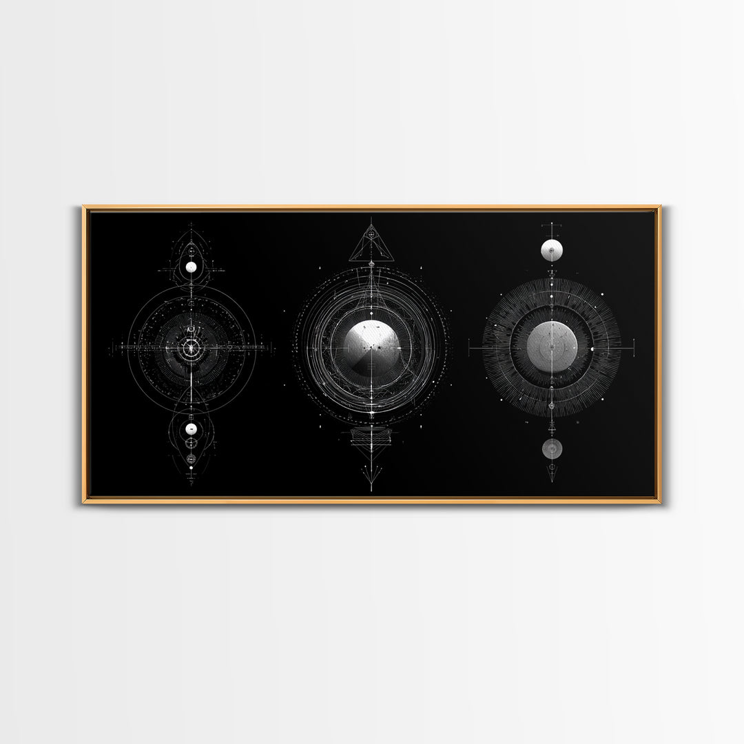 Celestial Geometry Triptych Canvas Print, Black And Silver Abstract Wall Art, Mystical Modern Decor For Meditation Room Gift
