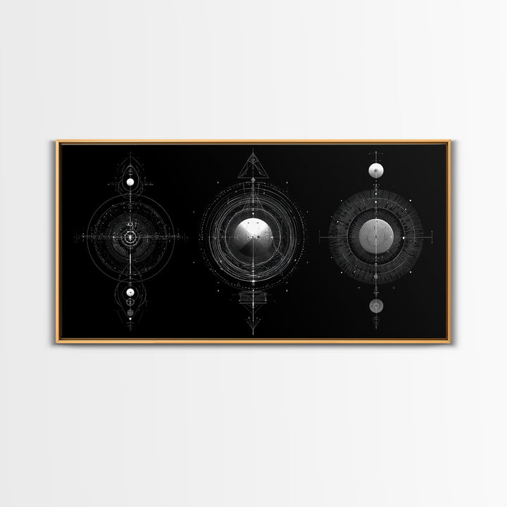 Celestial Geometry Triptych Canvas Print, Black And Silver Abstract Wall Art, Mystical Modern Decor For Meditation Room Gift