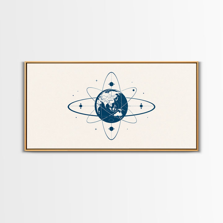 Blue Earth Atom Wall Art, Minimalist Globe Orbit Illustration, Science Inspired Canvas Print, Modern Office Decor For Home