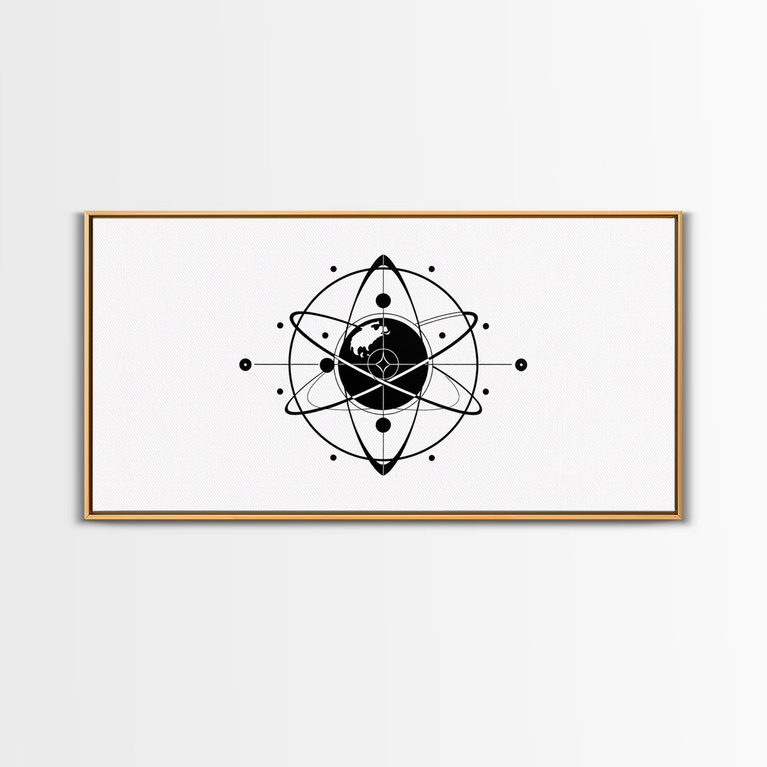 Minimalist Black Earth Atom Canvas Print, Globe Orbit Line Art, Modern Science Wall Art, Clean Office Decor For Home Gift