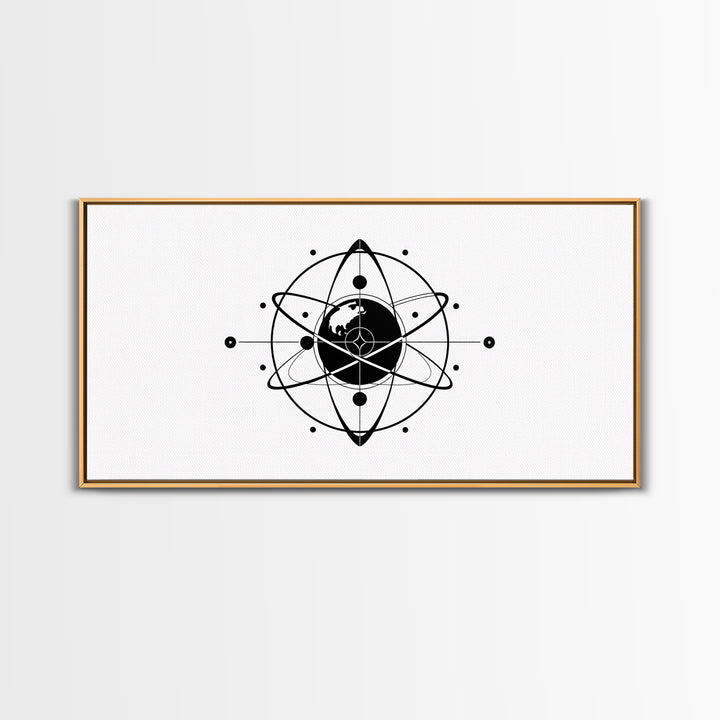 Minimalist Black Earth Atom Canvas Print, Globe Orbit Line Art, Modern Science Wall Art, Clean Office Decor For Home Gift