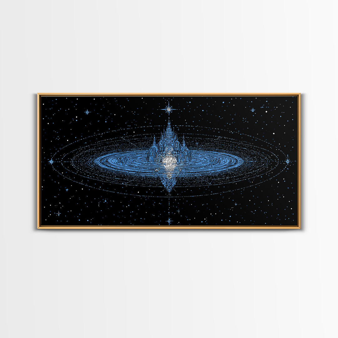 Blue Star City Wall Art, Cosmic Castle On Water, Dreamy Celestial Canvas Print, Mystical Night Sky Decor For Bedroom Gift