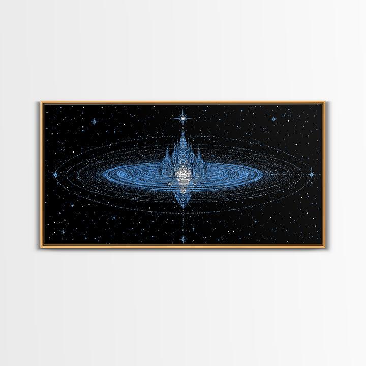 Blue Star City Wall Art, Cosmic Castle On Water, Dreamy Celestial Canvas Print, Mystical Night Sky Decor For Bedroom Gift